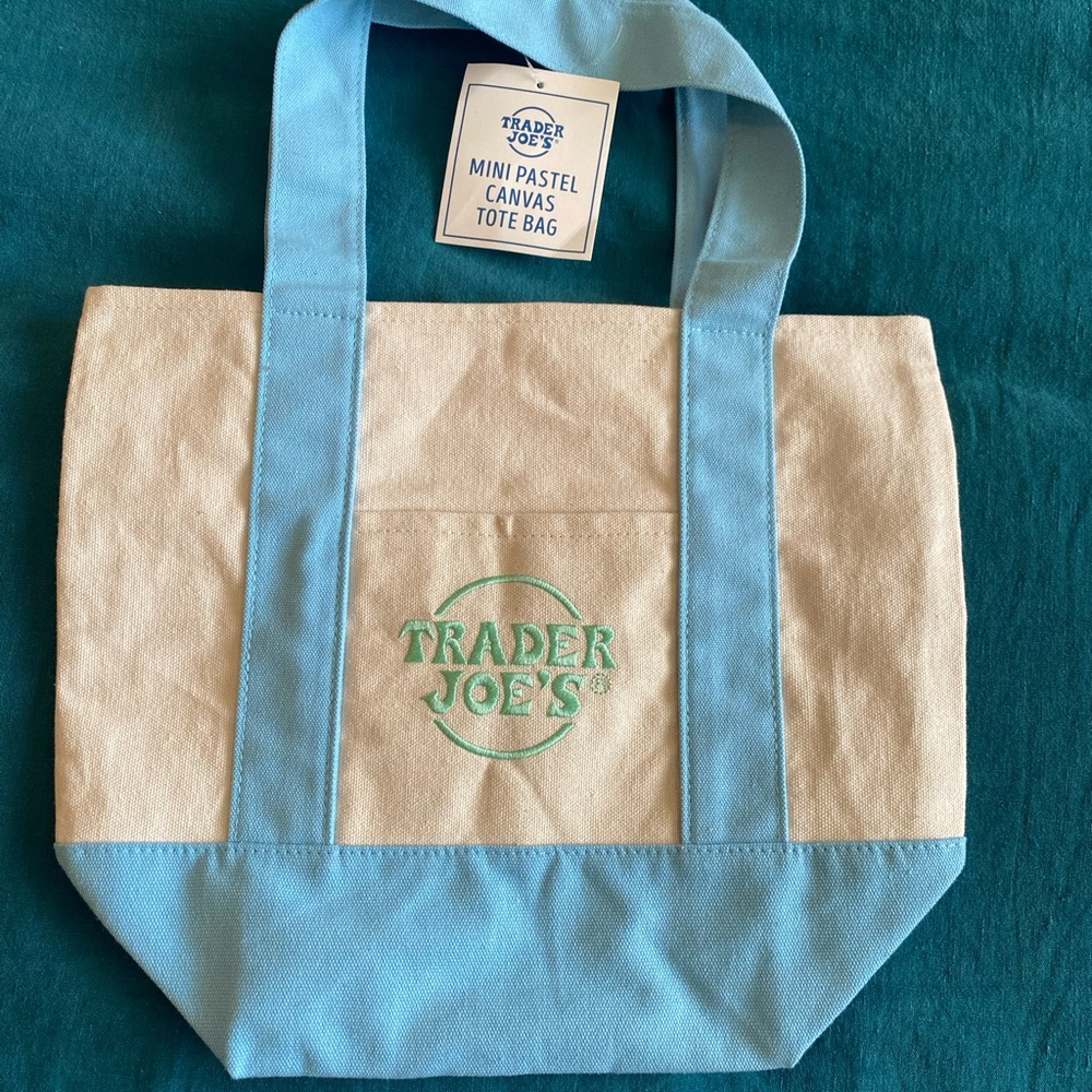 NWT Trader Joe’s Mini-Tote Canvas Pastel Blue Cream
